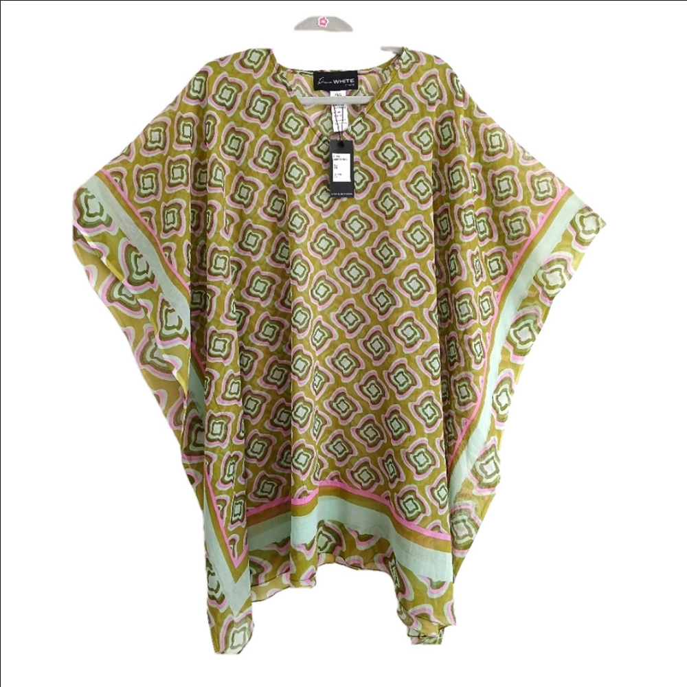 DONNA WHITE  Swim Coverup Cotton Green Pink One Size NWT